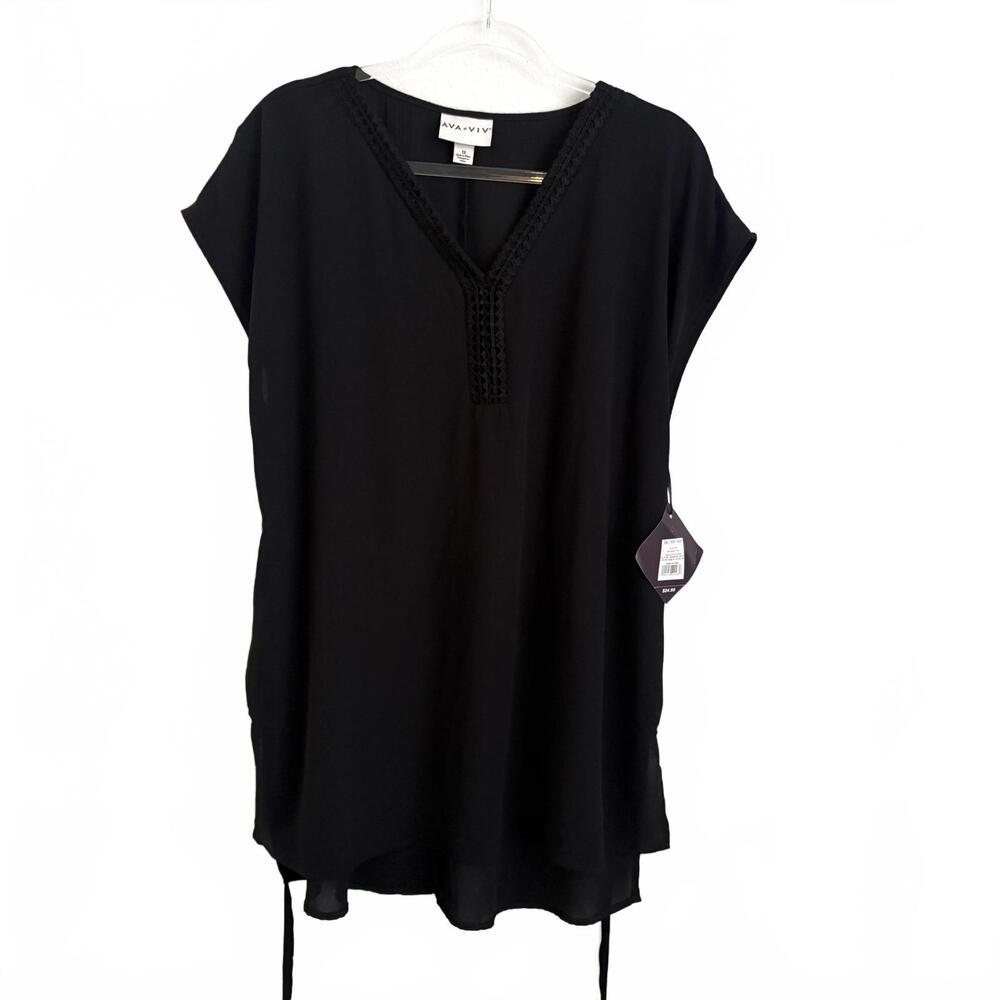 Ava & Viv | NWT Short Sleeve Black Swimsuit Cover Sheer Embroidered V Neck Sz 1X
